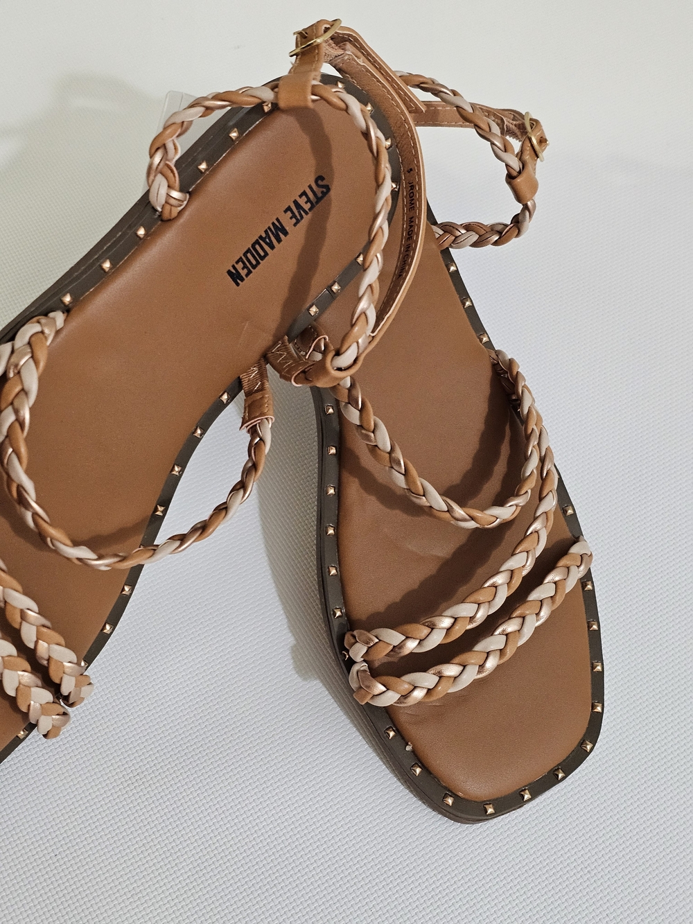 Steve Madden Braided Tan & Cream Studded Flat Sandals